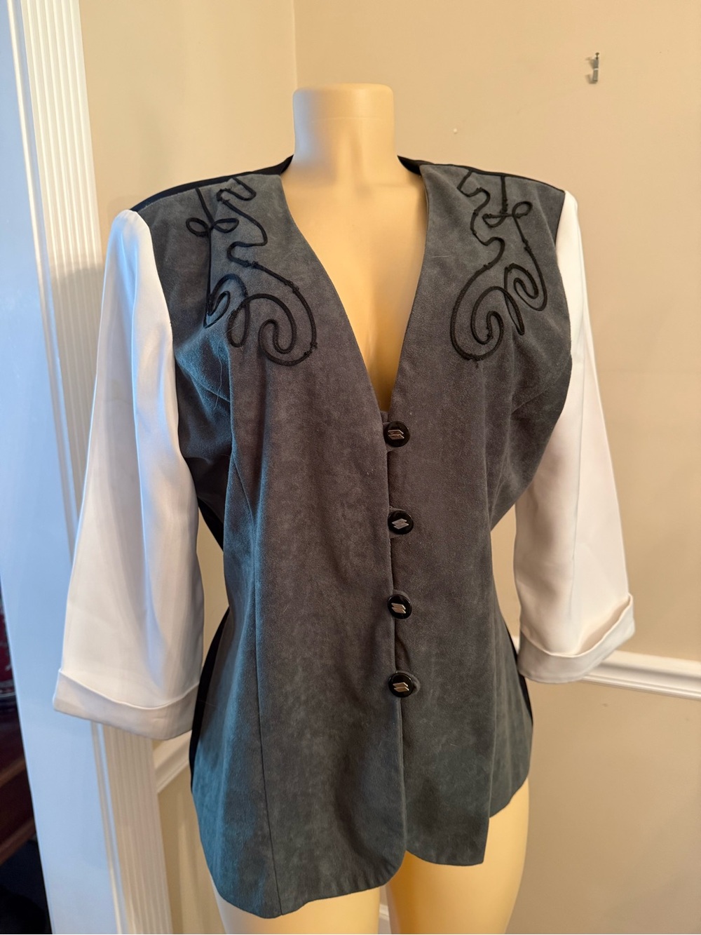 Womens Suede-Look Button Front Blouse with Embroidery - Gray/White